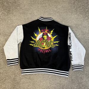 AC/DC Jacket Mens Small Black Varsity High Voltage Fleece Snap Logo Striped Rib